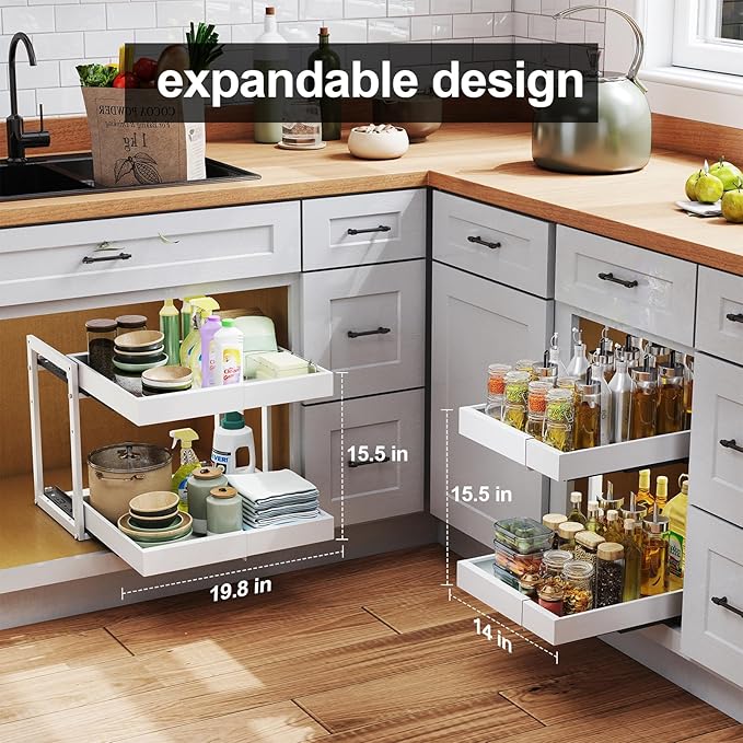 2 Tier Pull Out Cabinet Organizer ,Adjustable Width & Height, Expandable Pull-Out Drawers For Cabinets, Slide Out Shelves for Kitchen Cabinets / Countertop / Pantry,Heavy-Duty & Easy to Install(White)