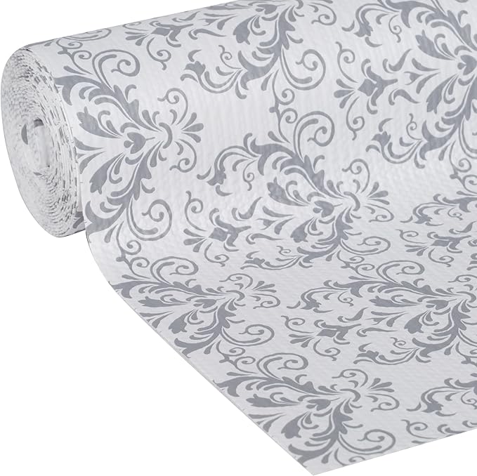 Smooth Top EasyLiner for Cabinets & Drawers - Easy to Install & Cut to Fit - Shelf Paper & Drawer Liner Non Adhesive - Non Slip Shelf Liner - 12in. x 10ft. - 6 Roll Project Pack - Gray Damask
