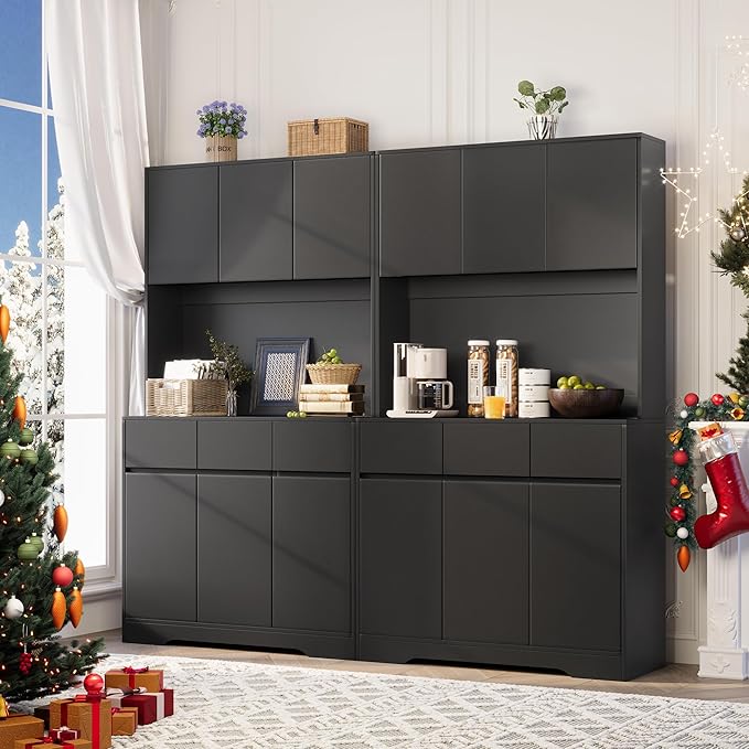 NBYSGO 71" Pantry Cabinet with Charging Station and LED Lights, Tall Kitchen Pantry Storage Cabinet with Microwave Stand, Modern Hutch with Storage Drawers for Dining Room, Living Room, Black