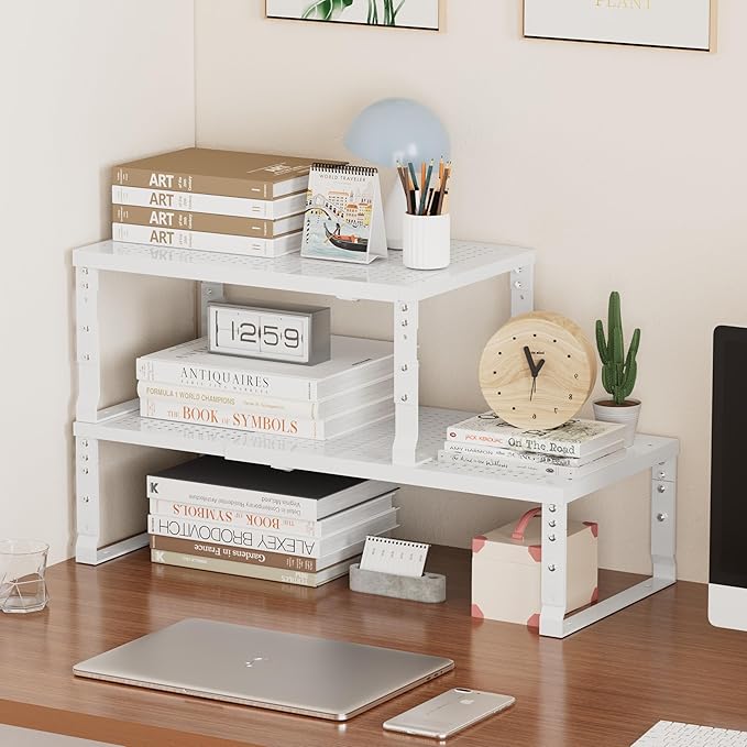 Asiingkel Metal Stackable Expandable Storage Shelf - Multi-Functional Home Storage Shelf, Suitable for Kitchen, Cabinet，Bathroom, Office, Garage, etc.（2PACKS/White/Large