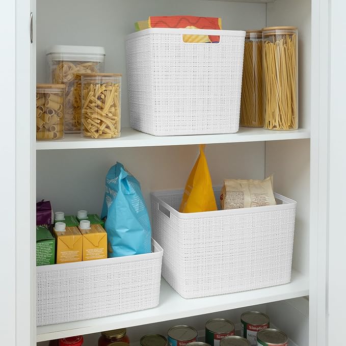Curver Set of 4 Large 20L Jute Decorative Plastic Organization and Storage Baskets - Perfect Bins for Home Office, Closet Shelves, Kitchen Pantry and All Bedroom Essentials, White