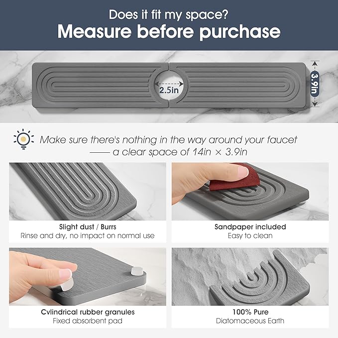 Quick Drying Stone Faucet Mat for Kitchen Sink - Diatomite Sink Mat Absorbing Stone Tray for Bathroom Counter, Sink Faucet Splash Guard Water Protector Matt for Kitchen Counter(Gray, 14" x 3.9")