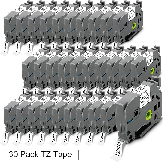 30x Replace for Brother Label Maker Tape 12mm 0.47 Laminated White TZ Tape Work with Brother P Touch PTH210 PTD220 PTH110 PT-1280 PT-1880 Label Maker Refills, Black on White, 1/2 Inch x 26.2 Feet