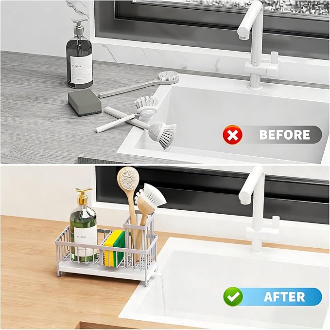 Cisily Light Gray Sponge Holder for Kitchen Sink, Sink Caddy Organizer with High Brush Holder, Kitchen Countertop Organizers and Storage Essentials, Rustproof 304 Stainless Steel, Soap Dispenser