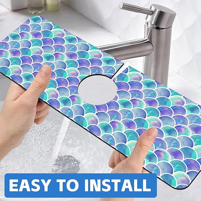 Watercolor Rainbow Scales Sink Faucet Absorbing Mat Sink Splash Guard Faucet Mat Draining Mat Fast Drying Sink Protectors for Kitchen and Bathroom 5.5"×15"