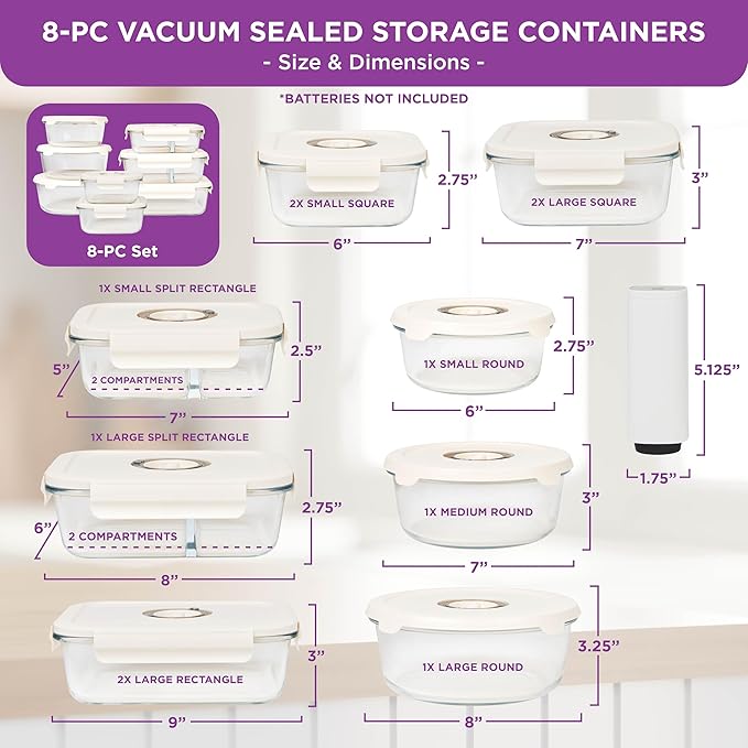 HOLDN’ STORAGE Vacuum Food Storage Containers, Set of 8 Glass Containers & Electronic Pump - Keep Food Fresh Longer, BPA-Free Glass, Leak-Proof, Ideal for Meal Prep, Marinating