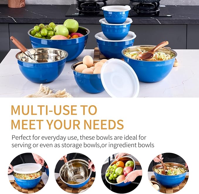 Onlycooker Blue Mixing Bowls With Airtight Lids,Stainless Steel Bowl,Salad Bowls 7 Piece Colorful Nesting Bowl Blue Kitchen Accessories,Size 7,3.6,2.7,2.1,1.5,1.1,0.8QT Stackable Design