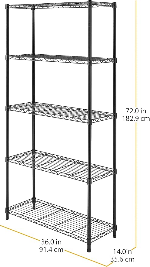 Whitmor 5 Tier Shelving Unit, Metal Storage Shelves, 400 lbs Capacity per Shelf, 2000 lbs Total, Adjustable Heavy Duty Shelf, Easy Assembly for Kitchen, Garage, Plant, 36" L x 14" W x 72" H, Black
