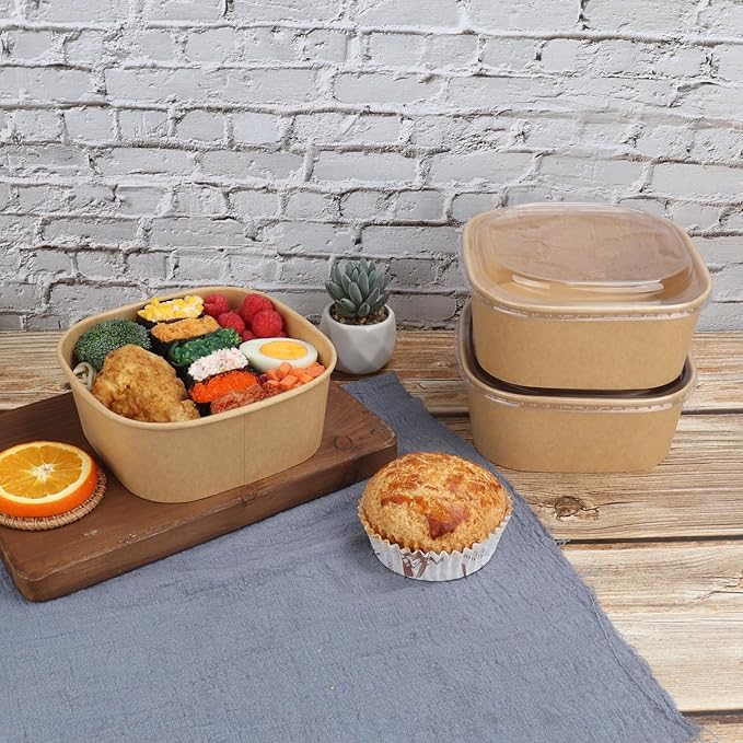 JAYEEY 40 oz Disposable Kraft paper bowls with lids,Food containers Soup Bowls Party Supplies Treat Bowls 50 Pack