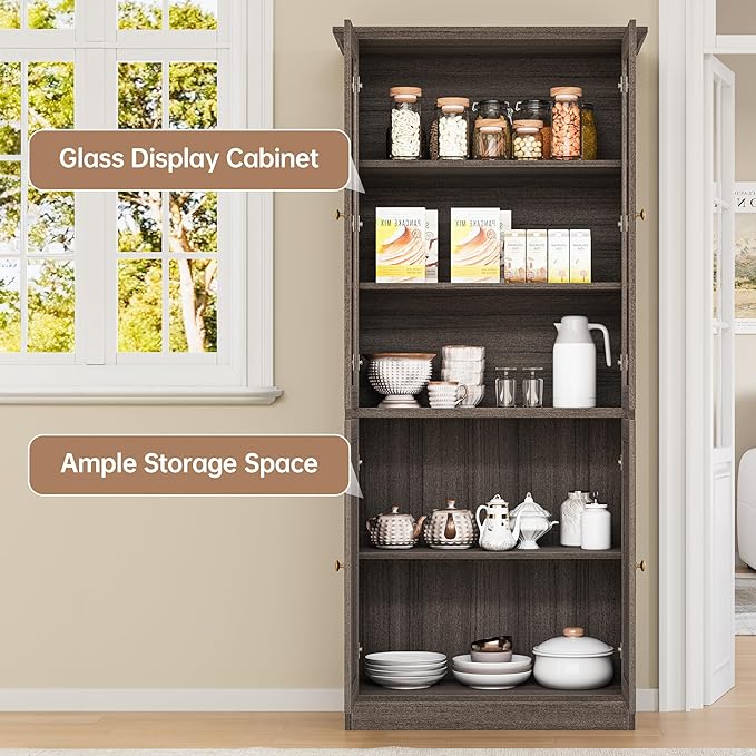 LotaTools 71" Kitchen Pantry Cabinet with Glass Doors, Modern Coffee Bar Storage Cabinet with Adjustable Shelves & Wooden Doors, Freestanding Cupboard for Dining Room or Living Room, Vintage Brown
