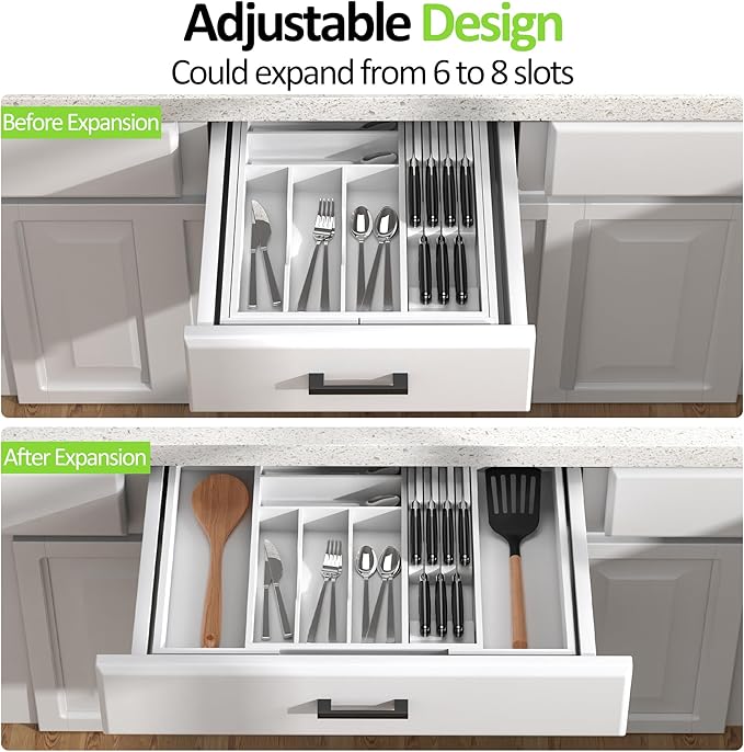 Thalomely Bamboo Kitchen Drawer Organizer, Expandable Silverware Organizer with Removable Knife Block, 6-8 Slots- Utensil Holder & Cutlery Tray Drawer Dividers, 2.36" Deep for Extra Capacity, White