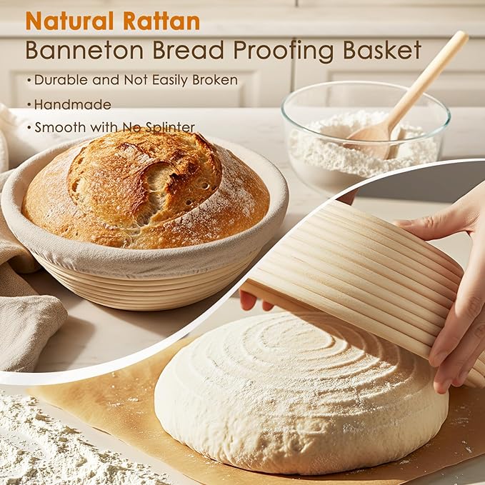 Kikcoin Sourdough Starter Kit, Complete Sourdough Bread Baking Supplies Includes 24oz Sourdough Starter Jar, Rattan Banneton Proofing Basket Set of 2, Artisan Bread Making Kit for Beginners & Pros