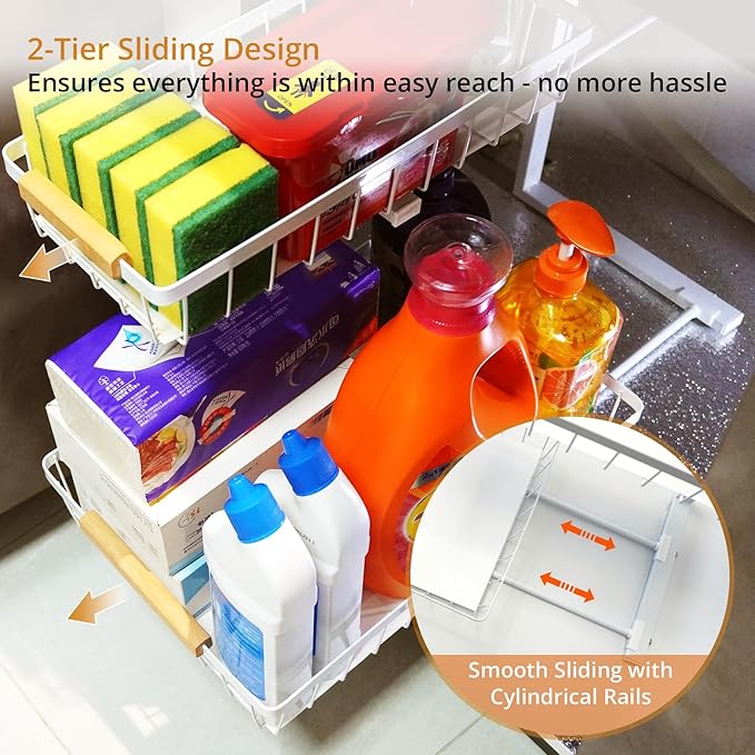Under Sink Organizer, 2 Tier Pull Out Cabinet Organizers and Storage for Kitchen Bathroom Pantry Laundry, Adjustable Height, Slide Out Thickened Metal Storage Shelf (White, 1 Pack)