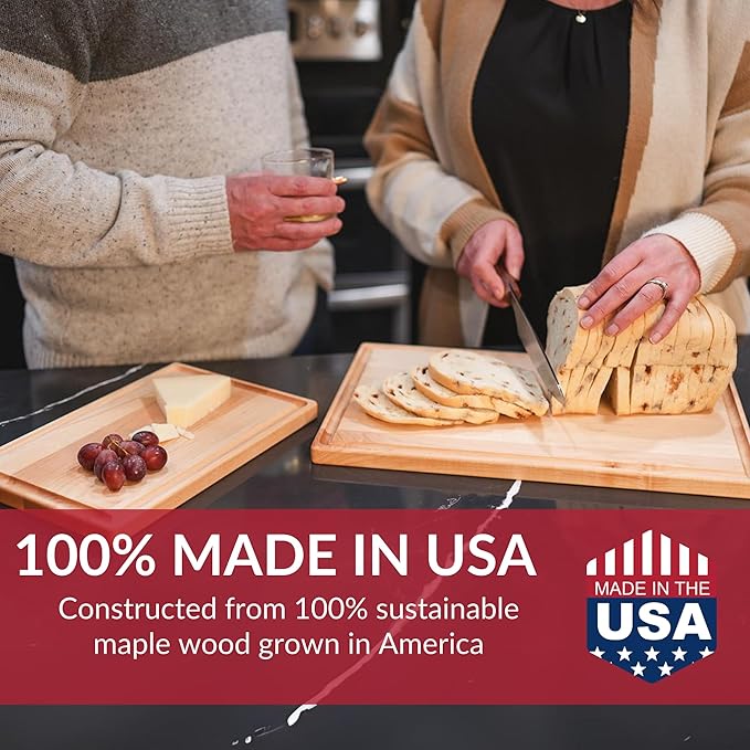 Made in USA Solid Maple Wood Cutting Board by Virginia Boys Kitchens - Butcher Block Wooden Carving Board with Juice Groove made from Sustainable North American Hardwood (8x12)