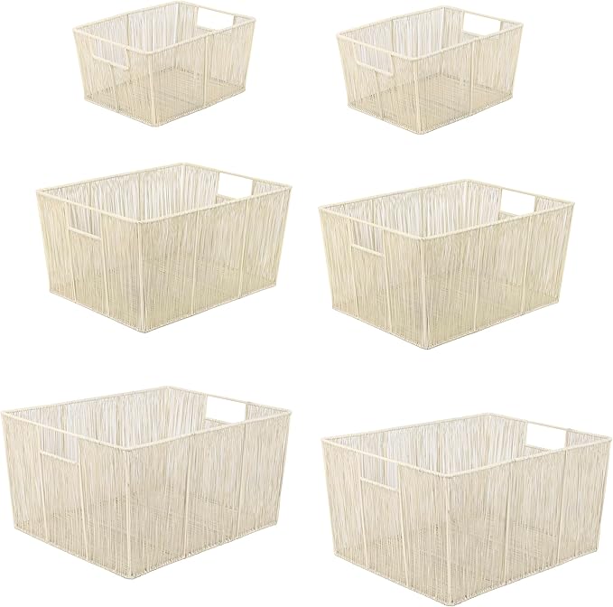 happimess BSK3000C-6SET Sutton Modern Glam Nesting Wire Metal Storage Baskets, for Shelves, Cabinets, Pantry, Countertop, Mesh Open Bin Basket for Organizing Supplies, Almond (Set of 6)