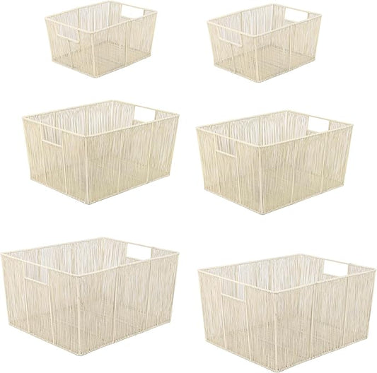 happimess BSK3000C-6SET Sutton Modern Glam Nesting Wire Metal Storage Baskets, for Shelves, Cabinets, Pantry, Countertop, Mesh Open Bin Basket for Organizing Supplies, Almond (Set of 6)
