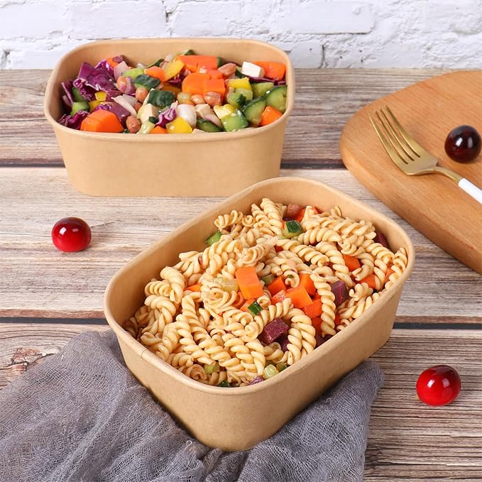 JAYEEY 28 oz Disposable Kraft paper bowls with lids, Rectangle Food containers Soup Bowls Party Supplies Treat Bowls 50 Pack