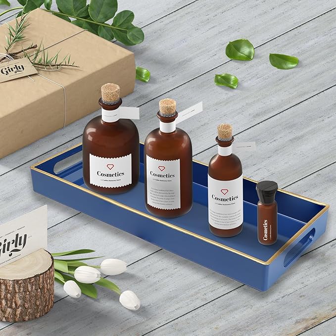 Leemxiiny Blue Bathroom Vanity Tray for Countertop, Small Plastic Toilet Tank Versatile Storage & Organization Tray for Makeup, Perfume, Desk, Kitchen, Candles, 13.7"x6"x1.4", 35HB