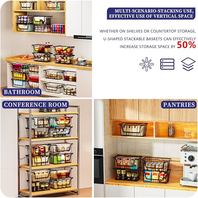 6 Pack Enhanced Leak-Proof Bottom Stackable Wire Baskets, Pantry Organizers and Storage, pantry storage，Shelf Baskets, Fruit Basket, Potato and Onion Storage Bins，(Black)