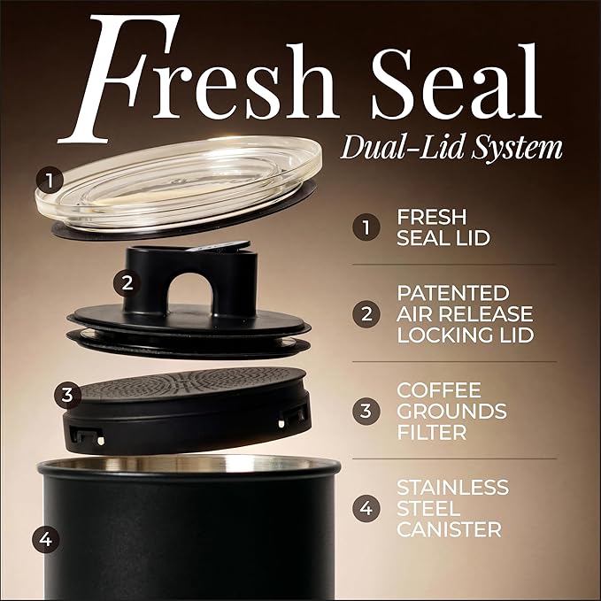 STYLED SETTINGS Vacuum Seal Coffee Bean Container Set – 2-Piece Stainless Steel Coffee Canisters with Scoop and Labels, Matte Black Dual-Lid Airtight Design, 1.5 lb Capacity Each - Coffee Gift Ideas
