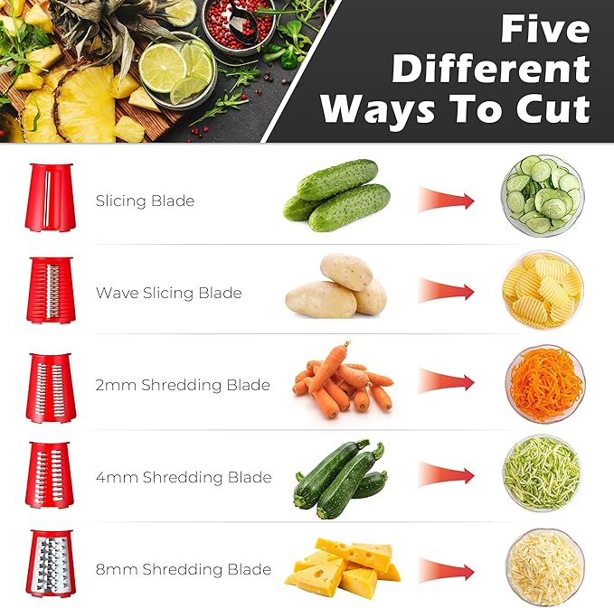 Rotary Cheese Grater Hand Crank with 5-in-1 Interchangeable Blades & Strong Suction Base Vegetables Shredder Manual Slicer for Kitchen, Red