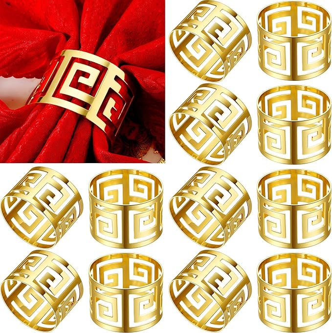 48 Pcs Gold Napkin Rings Hollow Out Napkin Rings Holder Set Metal Serviette Buckle Bulk for Dinner Table Decoration Christmas Holiday Wedding Party Birthday Banquet Gathering