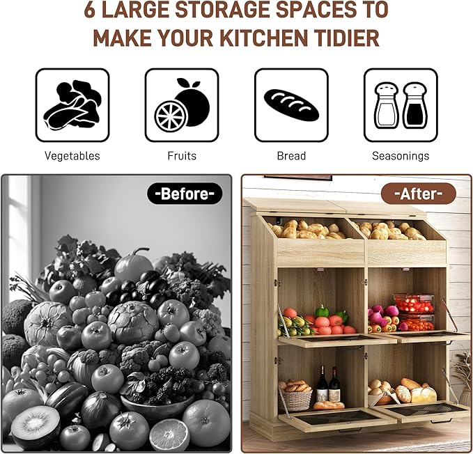 Large Wood Bread Box for Potato,Onion.Veggie Bin W/6 Large Storage Box.Root Vegetable Storage Box For Kitchen,Farmhouse Potato Storage Bin W/4 Mesh Doors,Bread Keeper for Toast,Bagel,Donut,Cookies