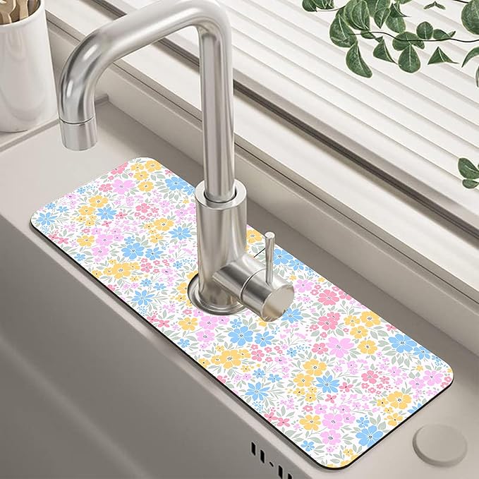 Retro Floral Cute Wildflowers Dish Drying Mat for Kitchen Sink Splash Guard Behind Faucet Sink Mat Absorbent Fast Drying Faucet Draining Mat for Bathroom Kitchen 5.5"×15"