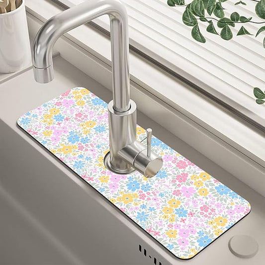 Retro Floral Cute Wildflowers Dish Drying Mat for Kitchen Sink Splash Guard Behind Faucet Sink Mat Absorbent Fast Drying Faucet Draining Mat for Bathroom Kitchen 5.5"×24"