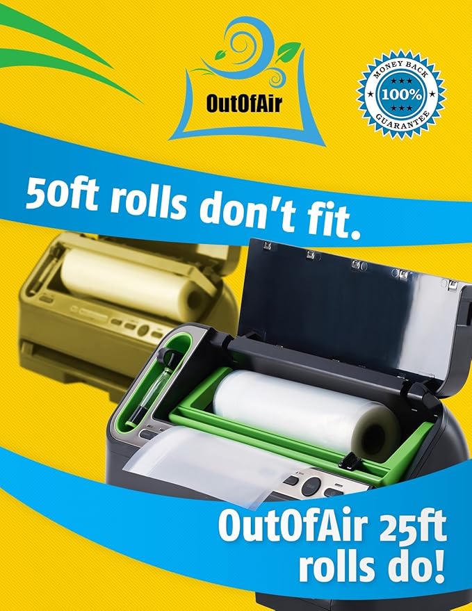 11" x 25' Rolls (Fits Inside Machine) - 2 Pack (50 feet total) OutOfAir Vacuum Sealer Rolls. Works with FoodSaver Vacuum Sealers. 33% Thicker, BPA Free, Sous Vide, Commercial Grade
