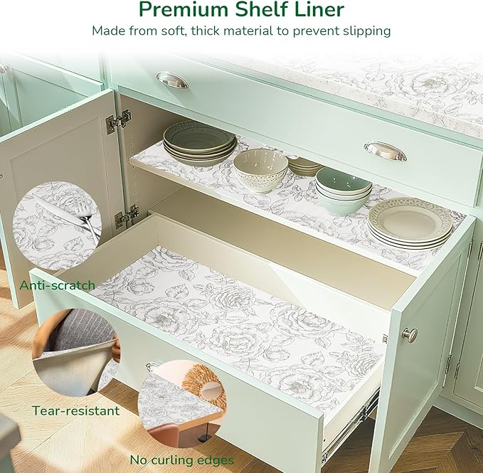 Drawer and Shelf Liner for Kitchen, Non-Slip Non-Adhesive Cabinet Liners for Cupboard, Dresser, Shelves, Tool Box, Pantry, Thickened Easy Install, Strong Grip, 17.5In x 20FT, Rose