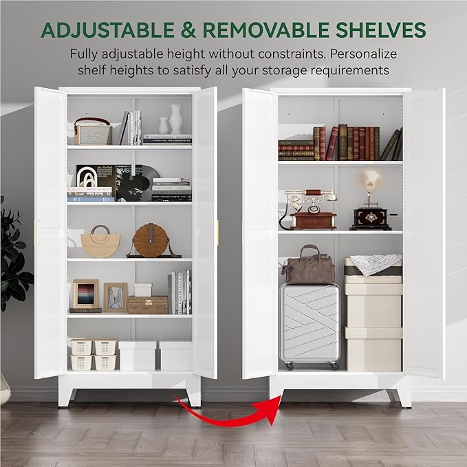 YNIQUESTLE Farmhouse Pantry Cabinet,71" H x 31.5" W,Metal Cabinet with Adjustable Shelves and Barn Doors,5-Tier Storage Cabinet for Kitchen Dining Room Garage,White