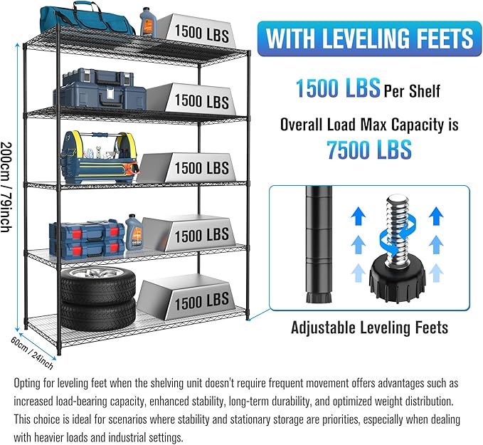 5 Tier NSF Wire Shelf Shelving Unit, 24 x 60 x 82 Inch 7500lbs Capacity Heavy Duty Adjustable Storage Metal Rack with Wheels/Leveling Feet & Shelf Liners, Ideal for Garage, Kitchen, and More - Black