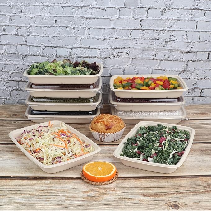 JAYEEY 20 oz Rectangle Disposable bowls with lids,Sugarcane Fibers Bowls take away food containers Plant Fibers Freezer Safe 50 Pack