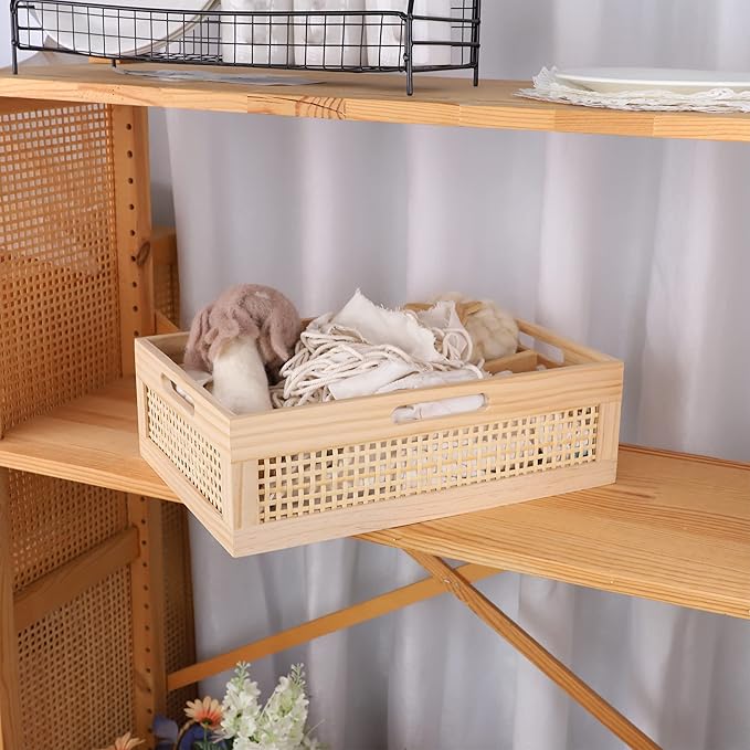 YRMT Wooden Baskets Shallow Wood Storage Basket Crate with Handles Decorative Storage Bins Organizer Rustic Farmhouse Countertop Basket for Shelves,Pantry,Kitchen