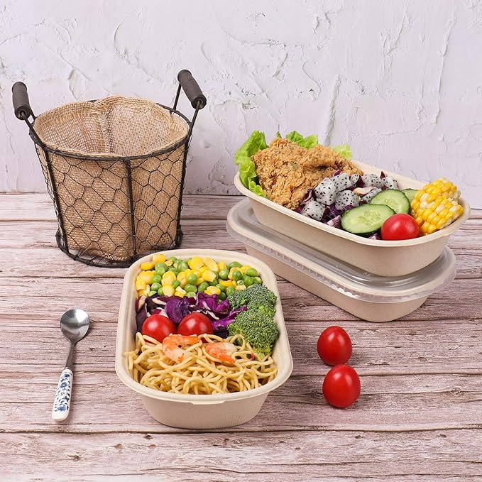 JAYEEY 23 oz Disposable salad bowls with lids, Sugarcane Fiber Paper Bowls take away food containers meal prep food storage deli container 50 Pack