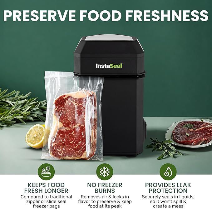 Vacuum Sealer for Food with 12 Bags, Preserves Foods 5x Longer, Space Saving Compact Upright Design Allows Machine to Heat Seal Marinades, Soups, Meats for Sous Vide Cooking