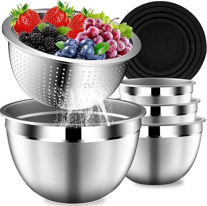 DUTZUN Mixing Bowls with Lids Set, Stainless Steel Mixing Bowls with Colander, Strainer with Mixing Bowl Set, Kitchen Gadgets Bowl Christams Gift, Size 4.5, 2.5, 2, 1.5QT - Black