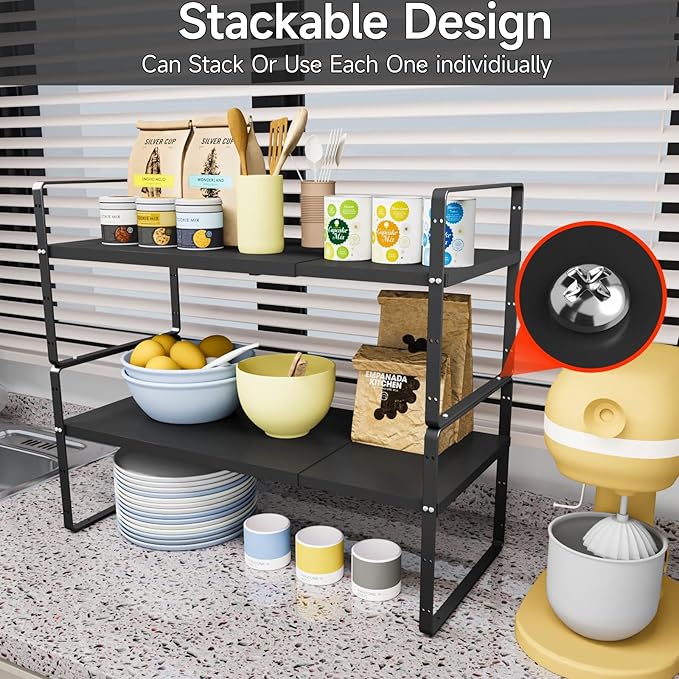 jkxoo 16.5-27’’L Expandable Cabinet Shelf Organizers, Stackable Metal Shelves Extender for Kitchen Countertop Storage, Adjustable Spices Shelves Rack Stand for Cupboard Pantry, Black