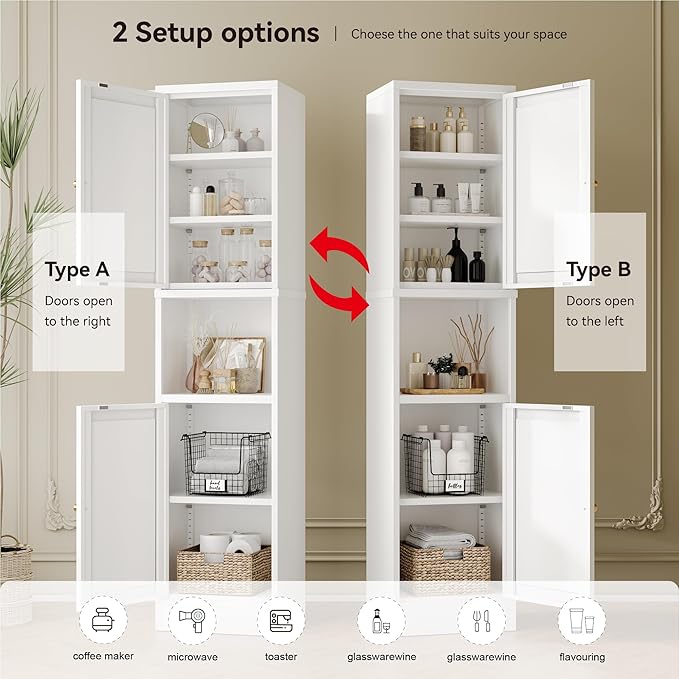 YAUWOH 2-Door Metal Storage Cabinet, Tall Slim Pantry Organizer with 3 Adjustable Shelves (120LBS/Shelf), Anti-Tipping Waterproof Cabinet for Bathroom/Kitchen/Home Office/Small Spaces, (1PC,White)