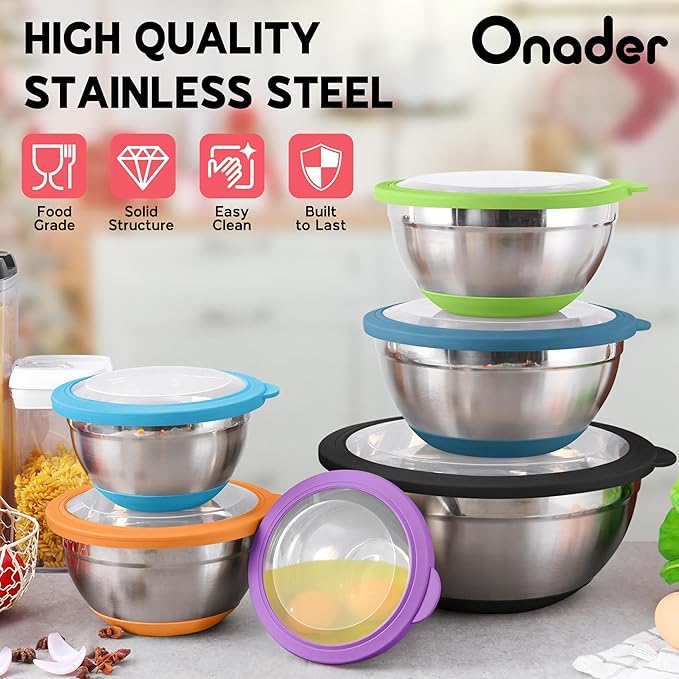 Onader Colorful Mixing Bowl Set of 6 for Kitchen, Large Stainless Steel Metal Nesting Mixing Bowls with Airtight Lids, Non Slip - Size 1, 1.5, 2, 2.6, 3.5, 7QT