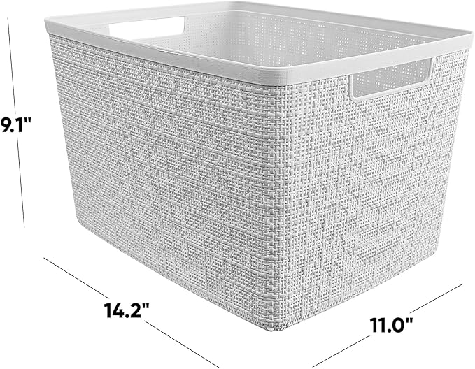 Curver Set of 4 Large 20L Jute Decorative Plastic Organization and Storage Baskets - Perfect Bins for Home Office, Closet Shelves, Kitchen Pantry and All Bedroom Essentials, White