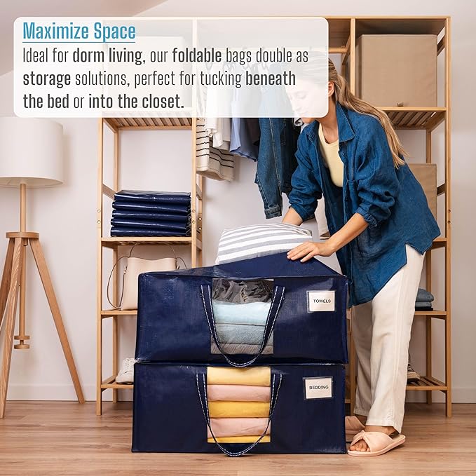 VENO 6 Pack Heavy Duty Moving Bags, Christmas Storage Bins with Lids, Transparent Window Design, Alternative to Moving Boxes, Storage Bags for Clothes, Blankets, Comforters, Pillows (Blue, 6 Pack)