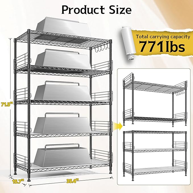 71.5‘’H Wire Shelving Unit With Shelf Linker,5 Tier Metal Shelving Pantry Kitchen Shelves with Side Blockers,Adjustable Standing Storage Shelves Rack with Hooks,Shelf for Utility Room,Basement,office