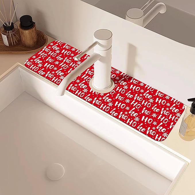 Christmas Hohoho Kitchen Sink Splash Guard Mat Santa Claus Laugh Sink Splash Guard Faucet Mat Draining Mat Fast Drying Sink Protectors for Kitchen and Bathroom 5.5"×15"