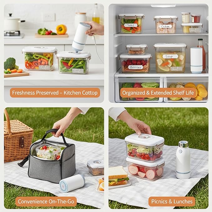 Vacuum Container,Vacuum Seal Containers,4pcs Airtight Food Storage Containers with Lids,4pcs Food Vacuum Bags/ 1pc Automatic Pump, Marinade and Keep Food Fresh with Time Dial, BPA Free(Square)