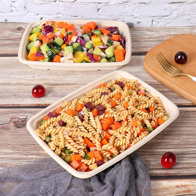 JAYEEY 20 oz Rectangle Disposable bowls with lids,Sugarcane Fibers Bowls take away food containers Plant Fibers Freezer Safe 50 Pack