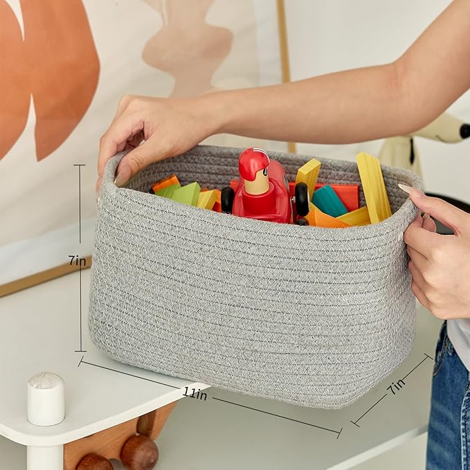 R RUNKA Small Cotton Rope Basket – Storage Bin for Organizing (10.6" x 6.7" x 6.7"), Bathroom Storage Basket for Shelf, Counter & Closet（Grey）