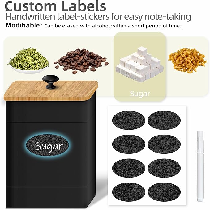 Canisters Sets for the Kitchen Set of 4, Metal Sugar Flour Coffee Storage Containers for Countertop with Airtight Lids, Customizable Chalkboard Labels & Marker Pen, Storage Jars Canisters - Black