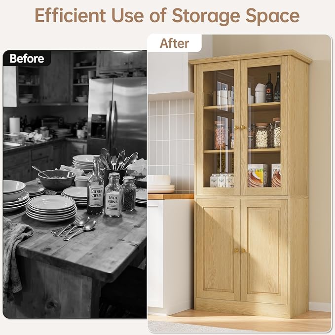 71" Kitchen Pantry Cabinet with Glass Doors, Modern Coffee Bar Storage Cabinet with Adjustable Shelves & Wooden Doors, Freestanding Cupboard for Dining Room or Living Room, Natural Wood